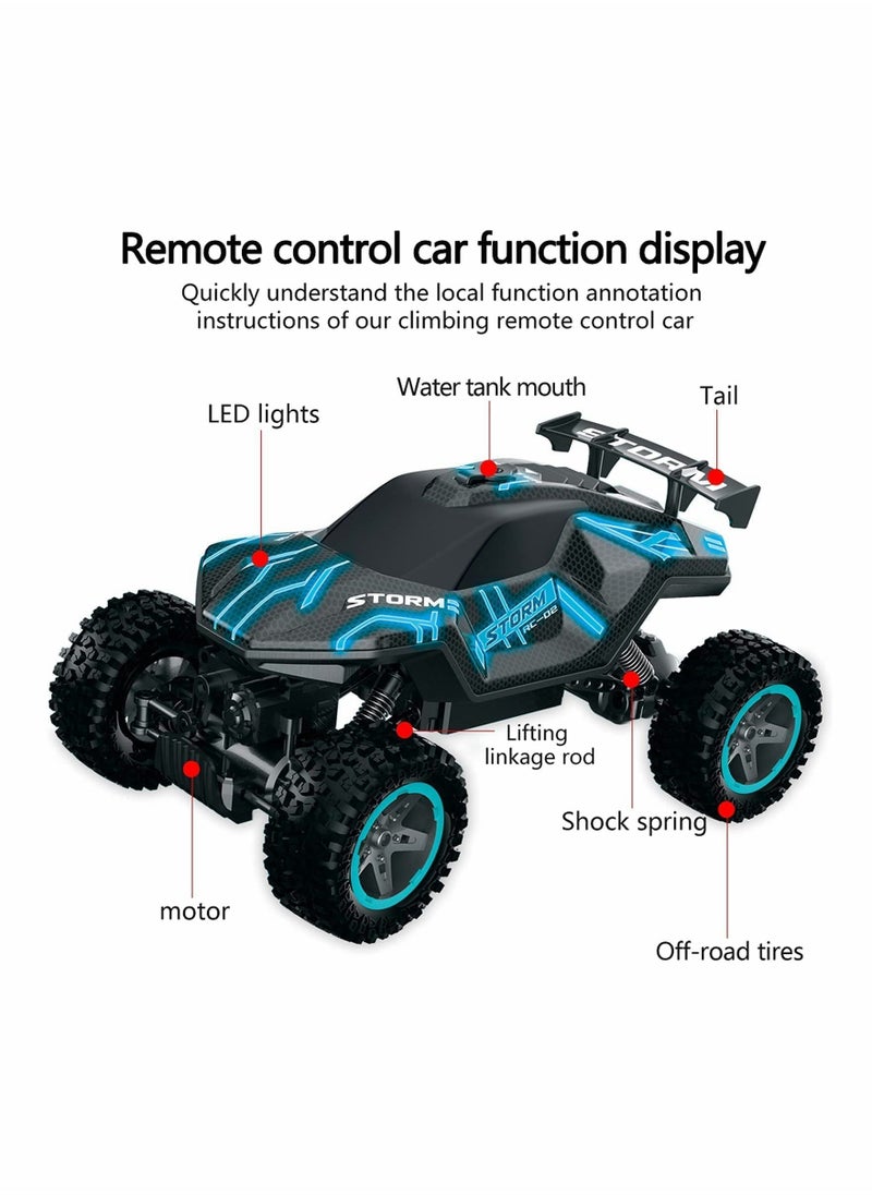 RC Cars 1/16 Scales Remote Control Car 4WD Off-Road Rock Crawler,2.4GHz All Terrain Monster Truck with Rear Fog Stream 5 LED Lighting Modes,2 Battery for 60 Min Play, Toy Car for Boys