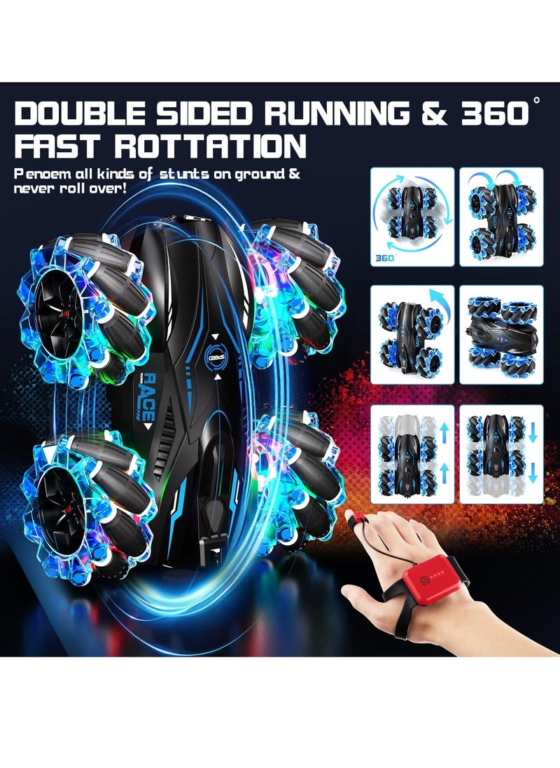 RC Gesture Sensing Stunt Car 2.4GHz 4WD Remote Control Car with Cool Light Double Sided Rotating Off Road Vehicle 360° Flips Cars Outdoor Toys Car for Kids Birthday Gifts Blue