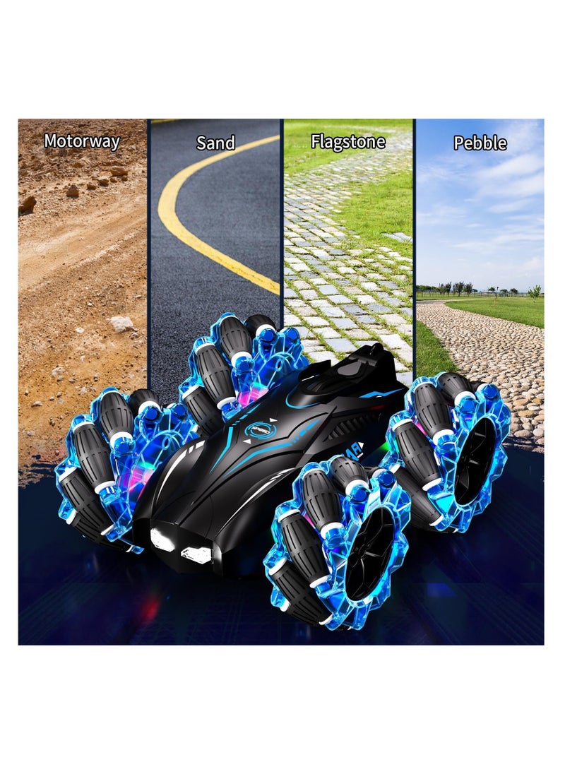 RC Gesture Sensing Stunt Car 2.4GHz 4WD Remote Control Car with Cool Light Double Sided Rotating Off Road Vehicle 360° Flips Cars Outdoor Toys Car for Kids Birthday Gifts Blue