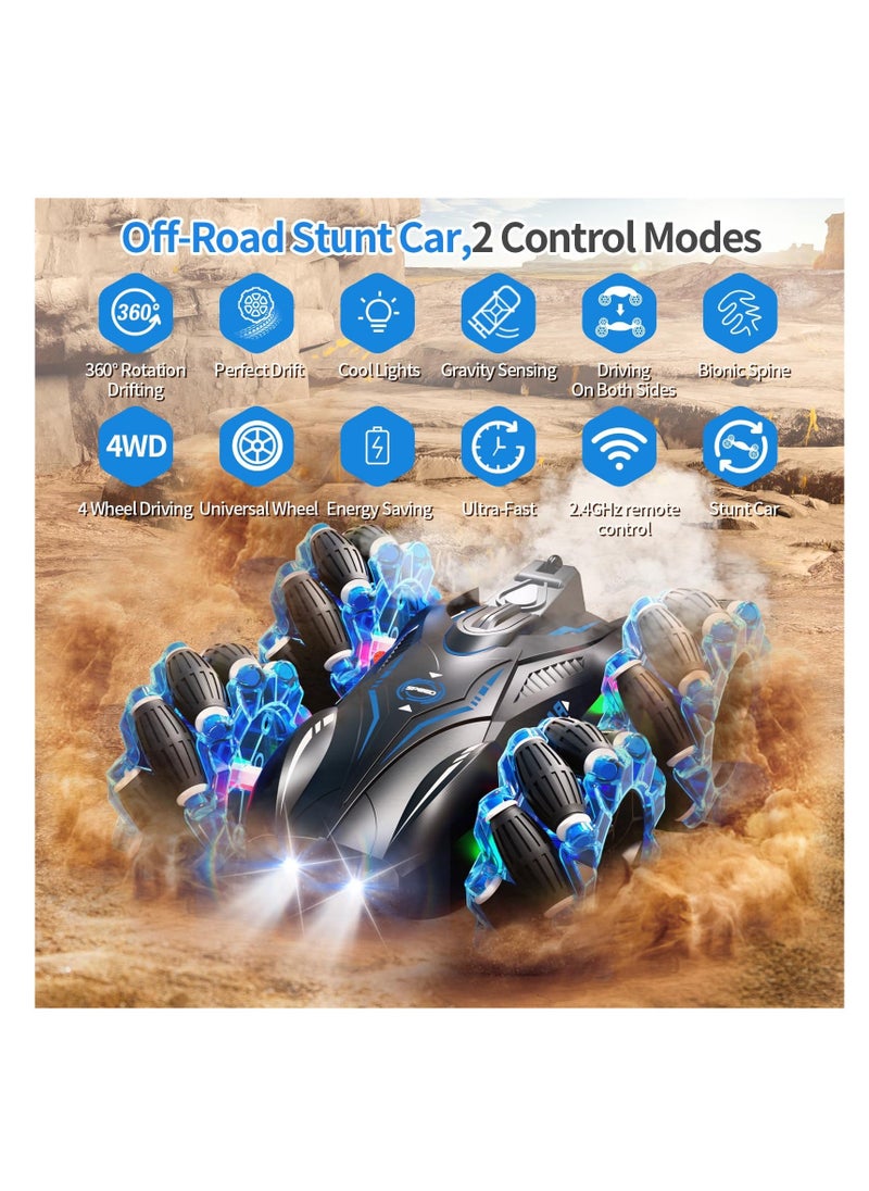 RC Gesture Sensing Stunt Car 2.4GHz 4WD Remote Control Car with Cool Light Double Sided Rotating Off Road Vehicle 360° Flips Cars Outdoor Toys Car for Kids Birthday Gifts Blue