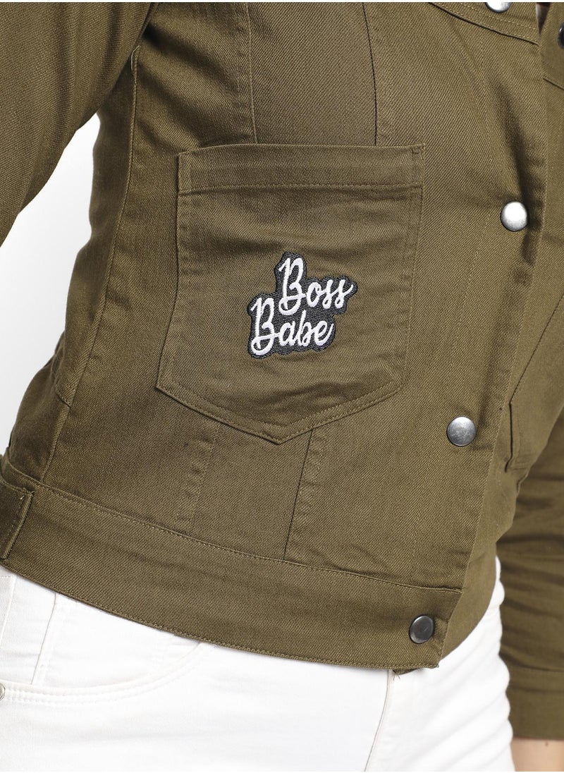 Women's Olive Green Patch Pocket Denim Jacket With Typographic Embroidery