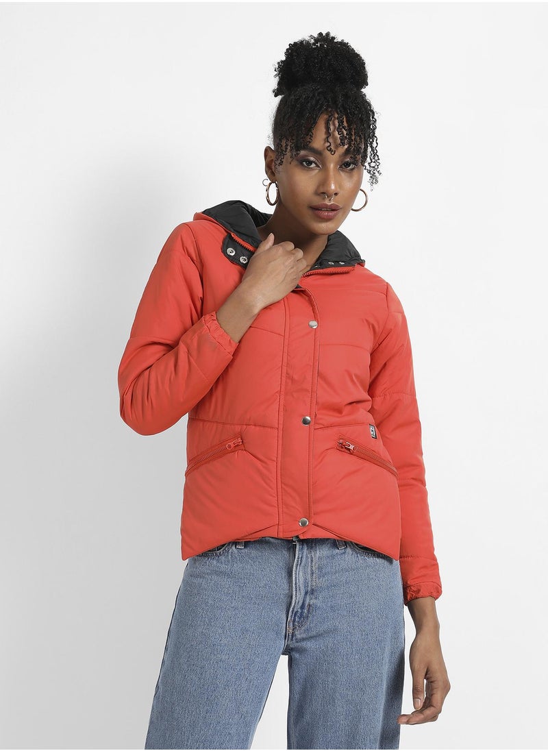 Women's Orange Quilted Puffer Jacket With Zipper Insert Pockets