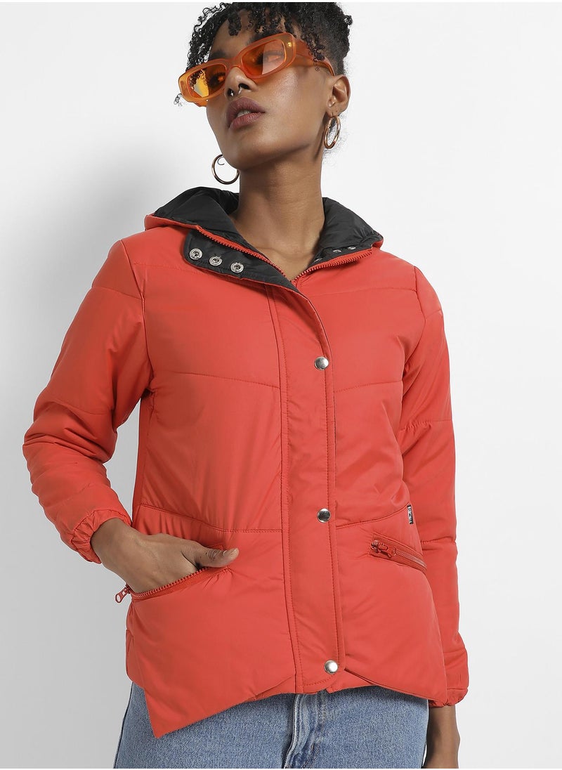 Women's Orange Quilted Puffer Jacket With Zipper Insert Pockets