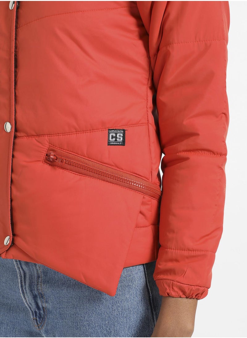 Women's Orange Quilted Puffer Jacket With Zipper Insert Pockets