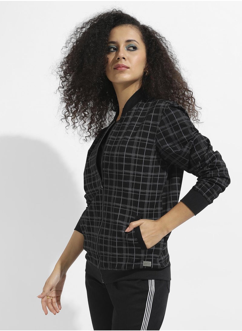 Women's Black Tartan Plaid Jacket With Zip Closure