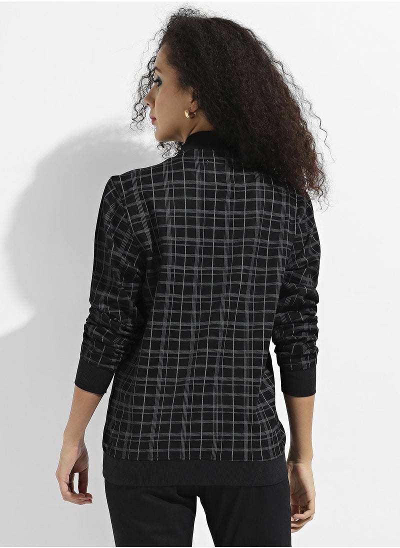 Women's Black Tartan Plaid Jacket With Zip Closure