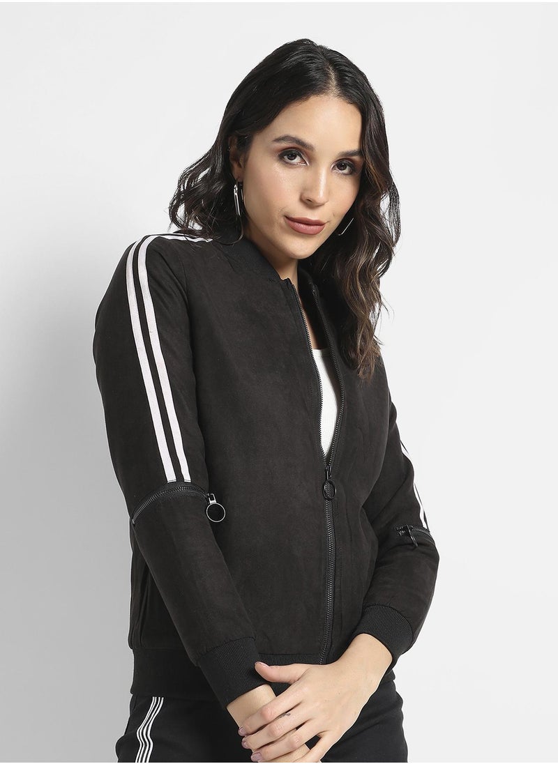 Women's Black Zip-Front Bomber Jacket With Contrast Striped Sleeves