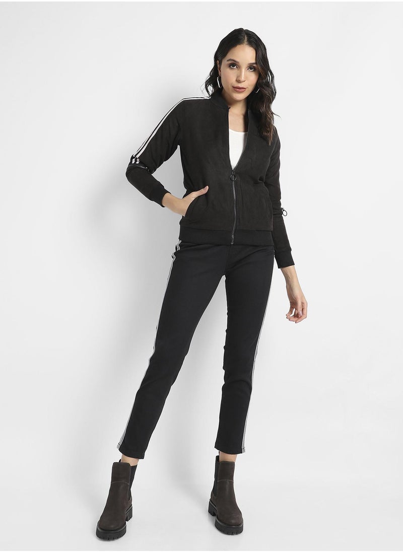 Women's Black Zip-Front Bomber Jacket With Contrast Striped Sleeves