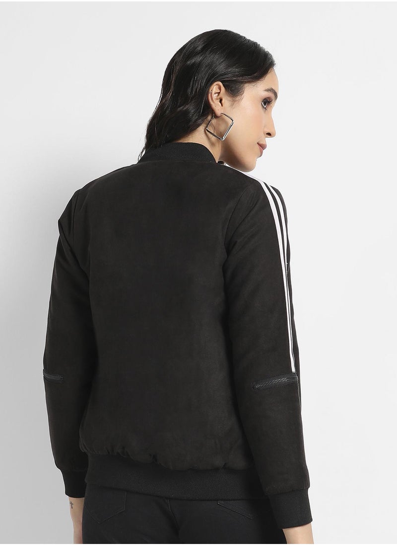 Women's Black Zip-Front Bomber Jacket With Contrast Striped Sleeves