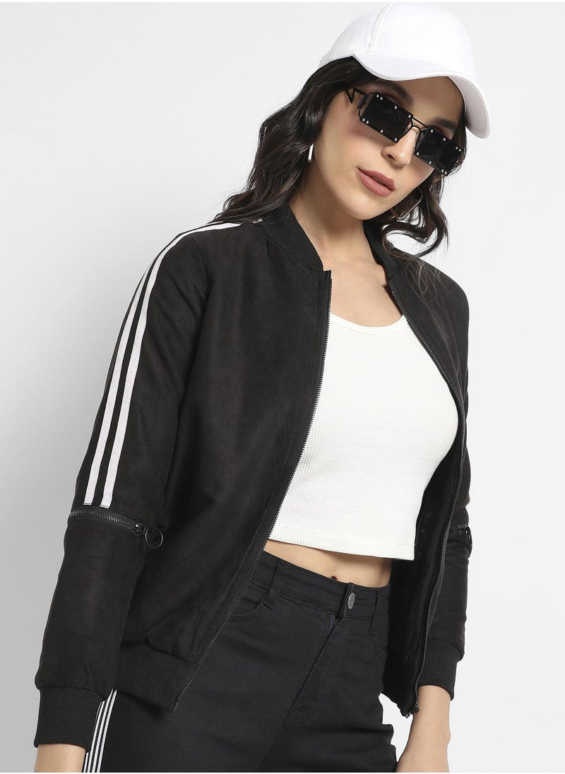 Women's Black Zip-Front Bomber Jacket With Contrast Striped Sleeves