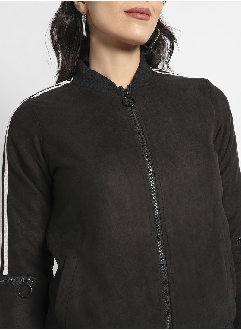 Women's Black Zip-Front Bomber Jacket With Contrast Striped Sleeves