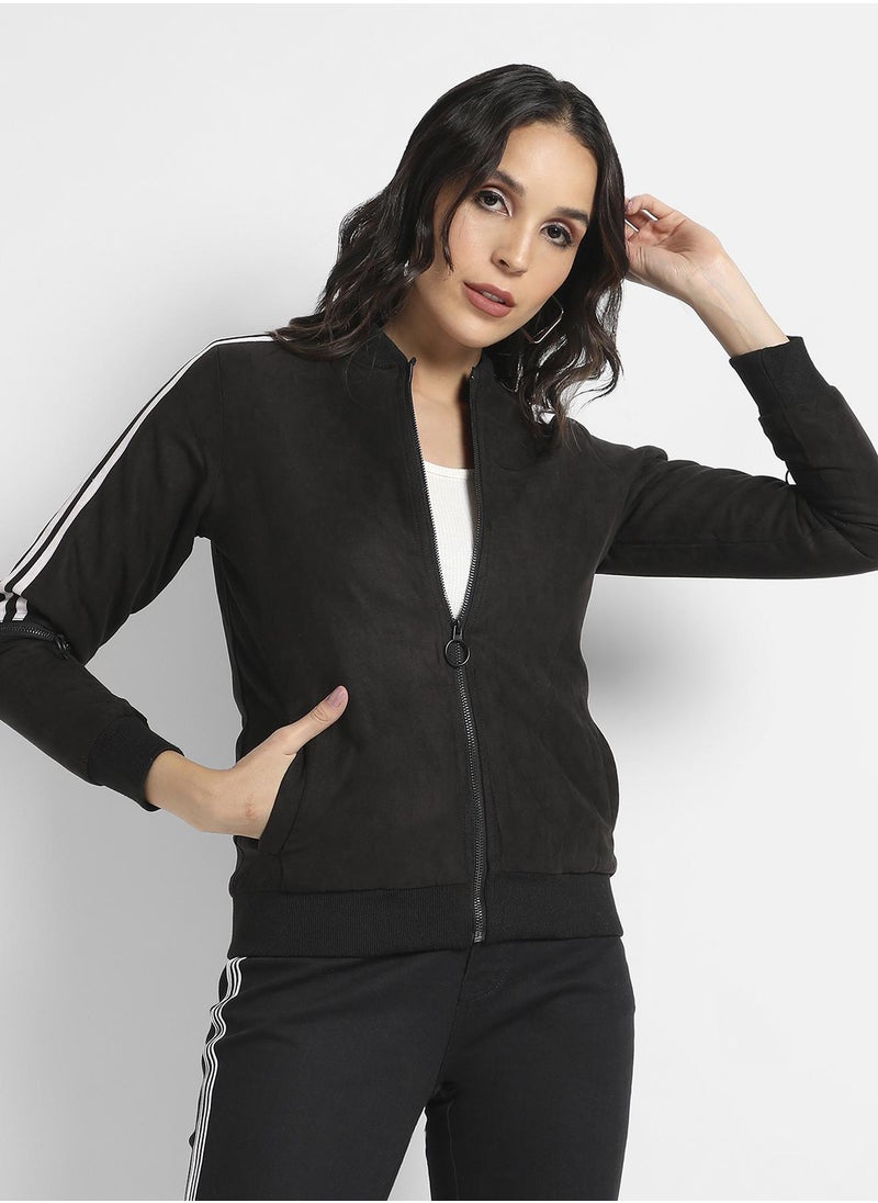 Women's Black Zip-Front Bomber Jacket With Contrast Striped Sleeves