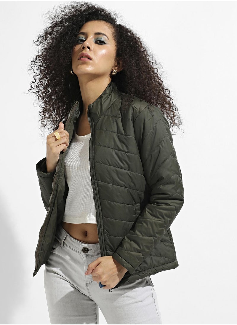 Women's Olive Green Quilted Puffer Jacket With Zip Closure