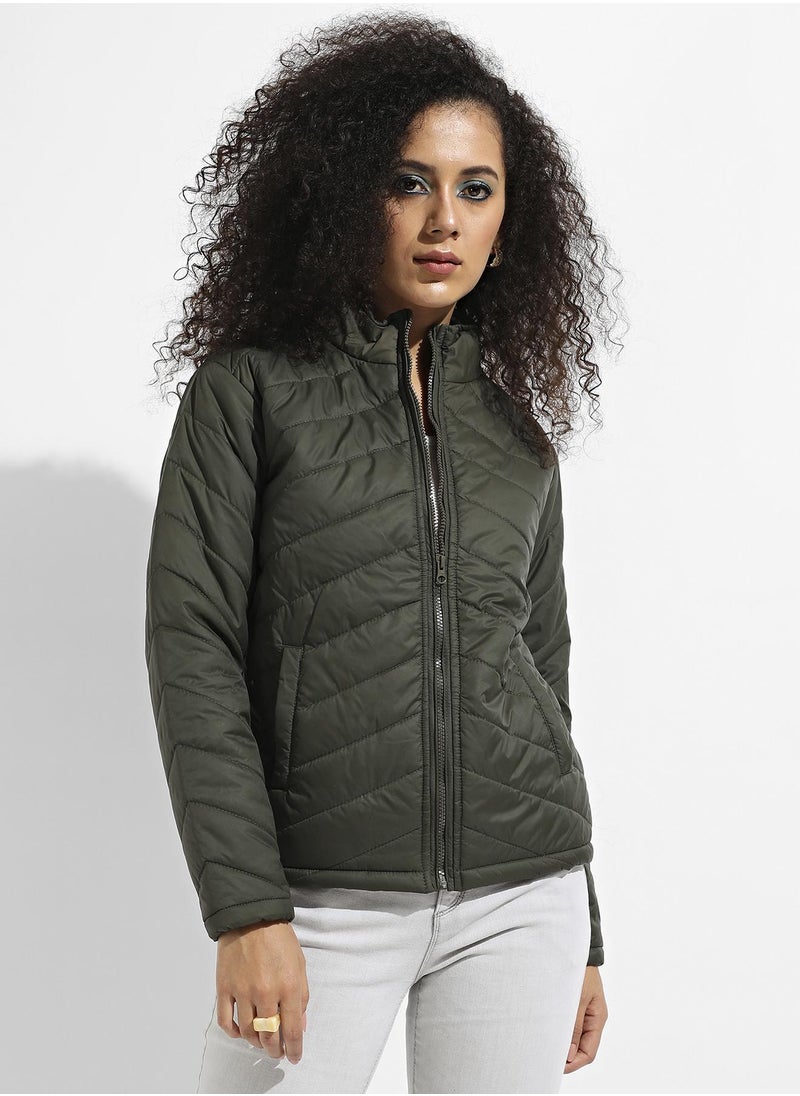 Women's Olive Green Quilted Puffer Jacket With Zip Closure