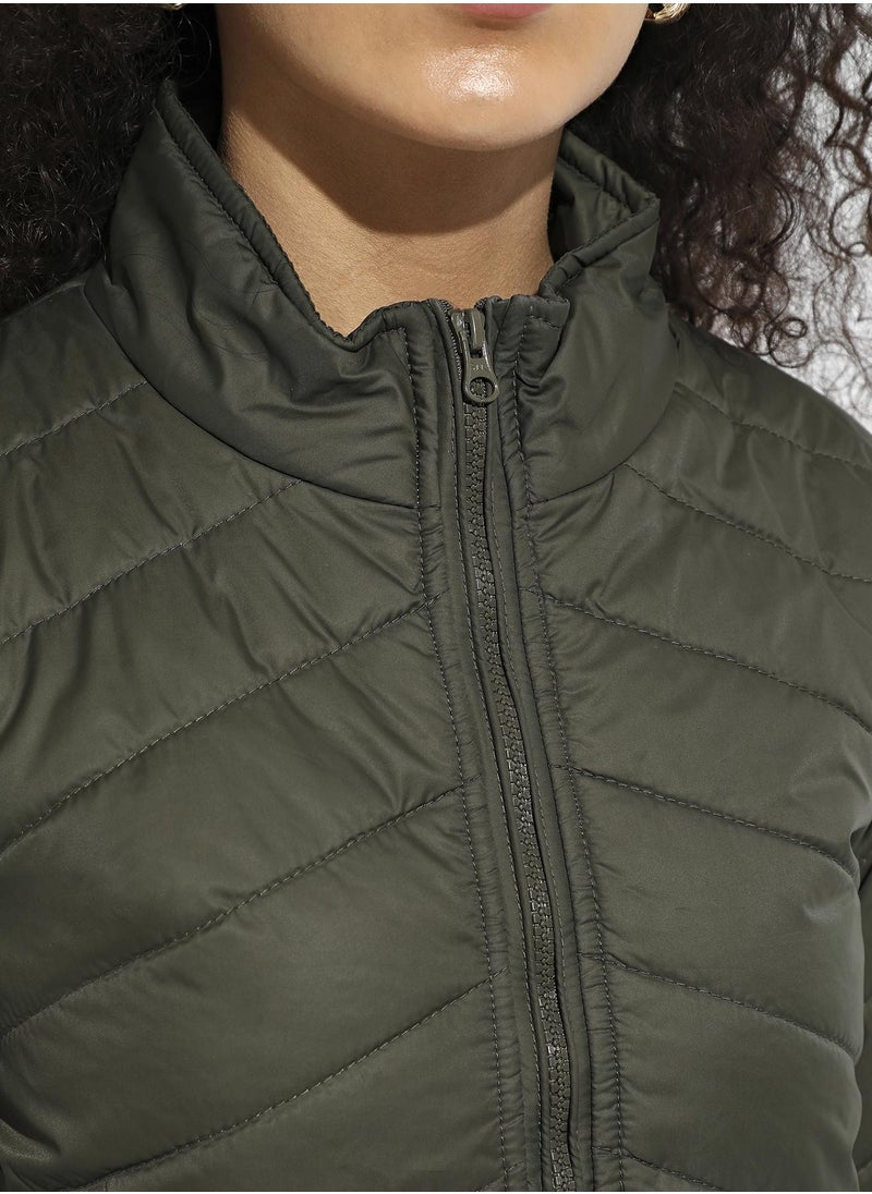 Women's Olive Green Quilted Puffer Jacket With Zip Closure