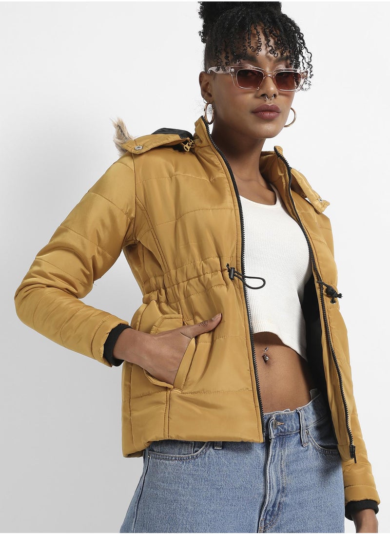 Women's Yellow Quilted Puffer Jacket With Fur Details