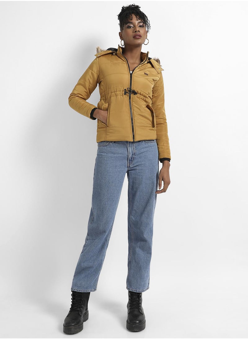 Women's Yellow Quilted Puffer Jacket With Fur Details