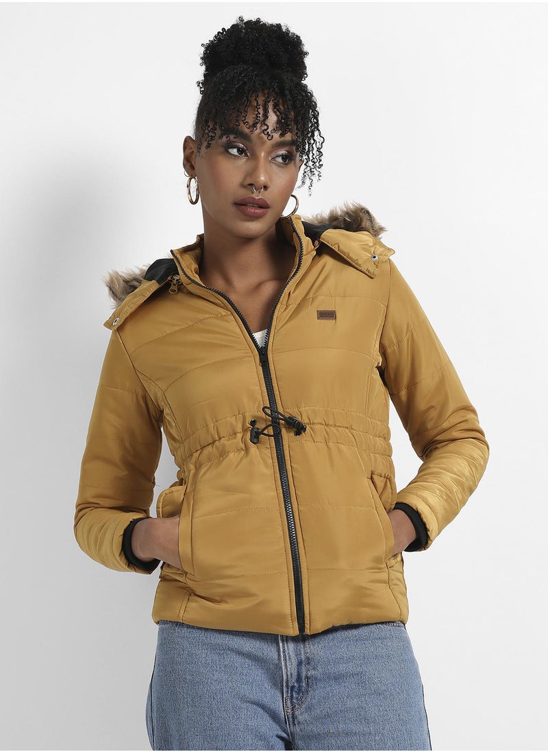 Women's Yellow Quilted Puffer Jacket With Fur Details