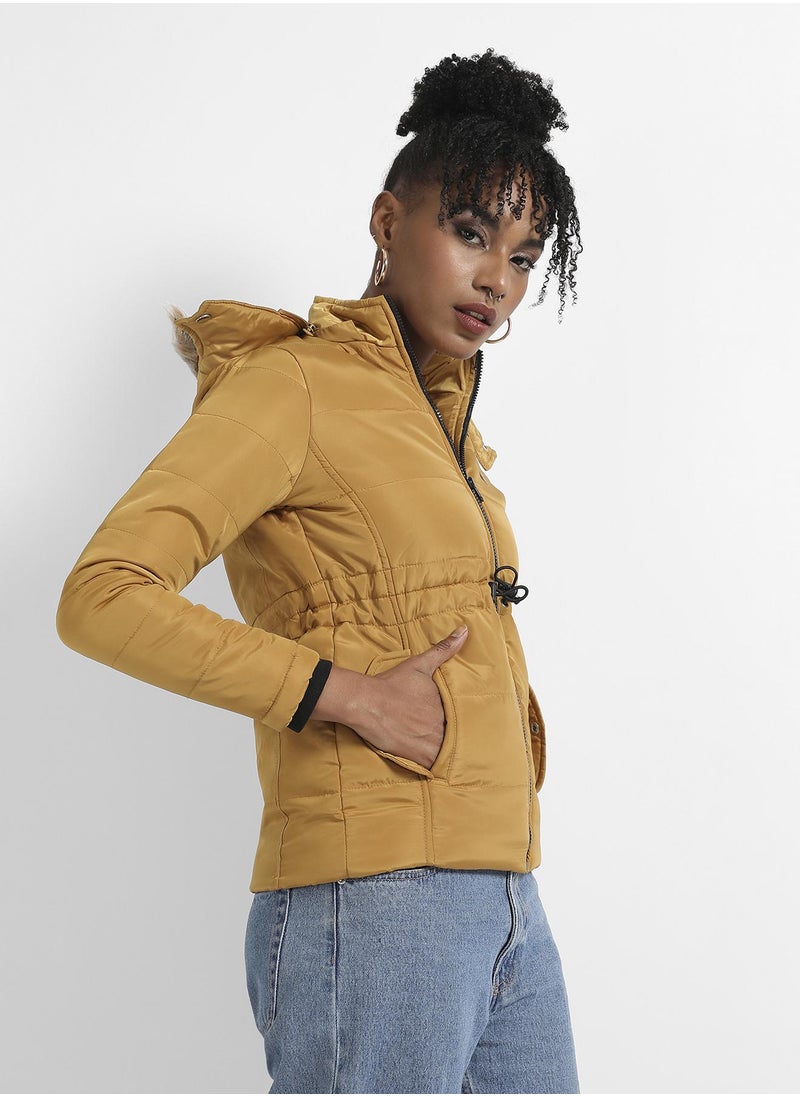 Women's Yellow Quilted Puffer Jacket With Fur Details