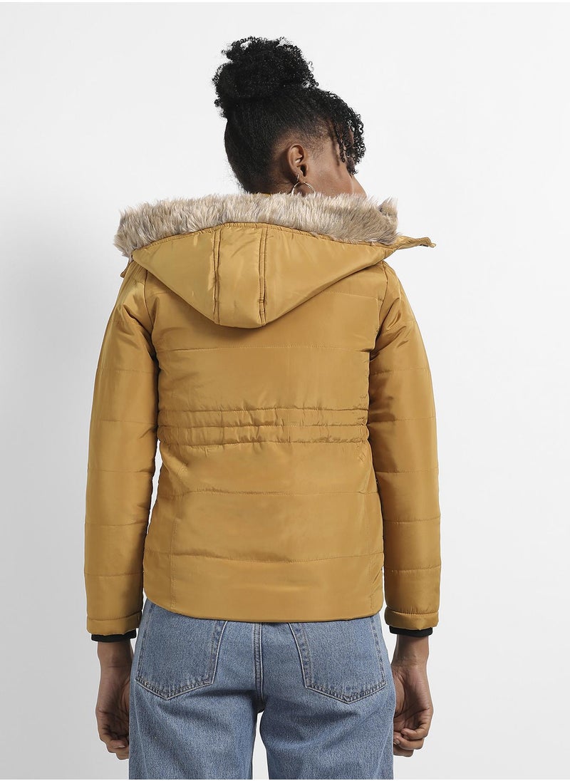 Women's Yellow Quilted Puffer Jacket With Fur Details