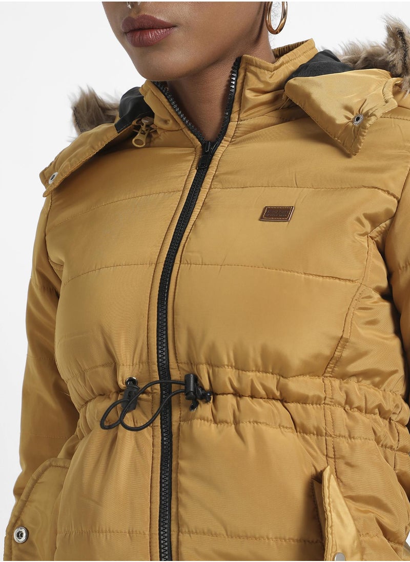 Women's Yellow Quilted Puffer Jacket With Fur Details