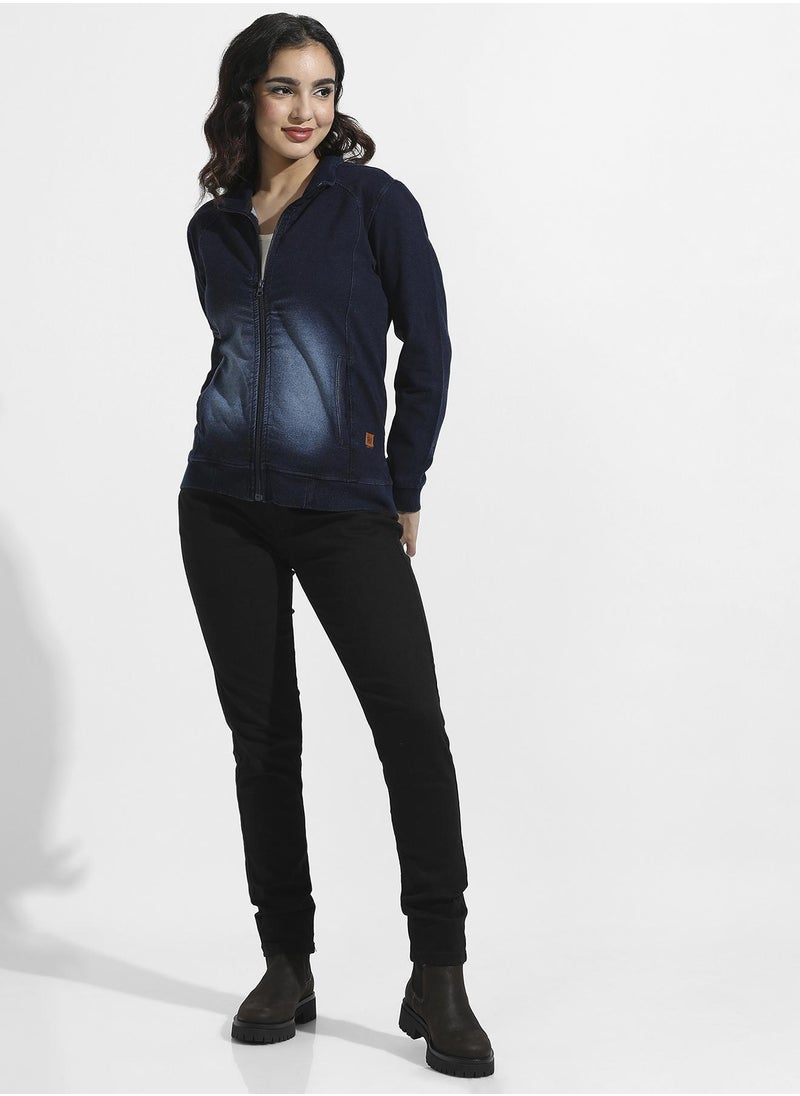 Women's Navy Blue Zip Front Dark-Wash Denim Jacket