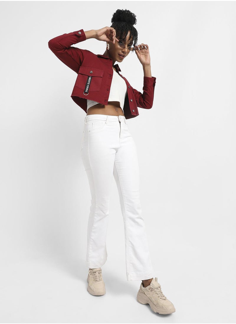 Women's Maroon Cropped Jacket With Flap Pocket