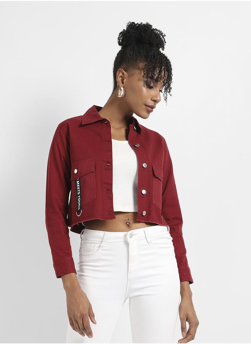 Women's Maroon Cropped Jacket With Flap Pocket