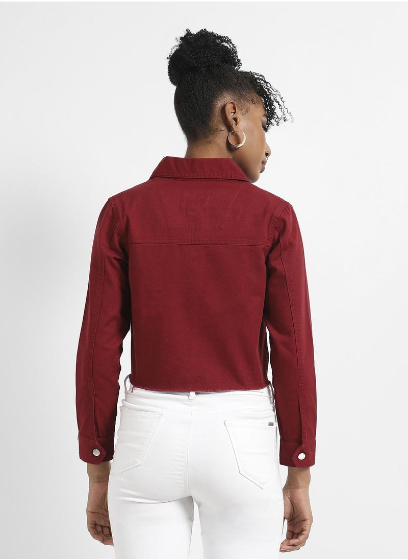 Women's Maroon Cropped Jacket With Flap Pocket