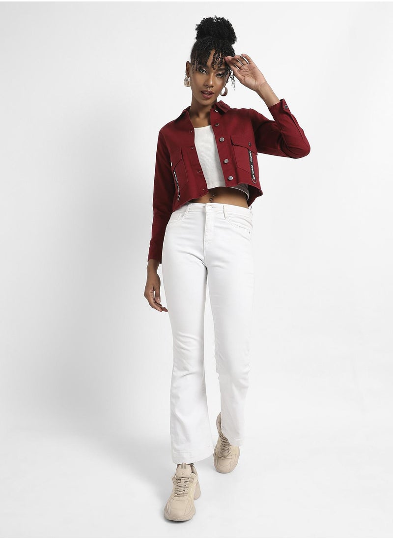 Women's Maroon Cropped Jacket With Flap Pocket