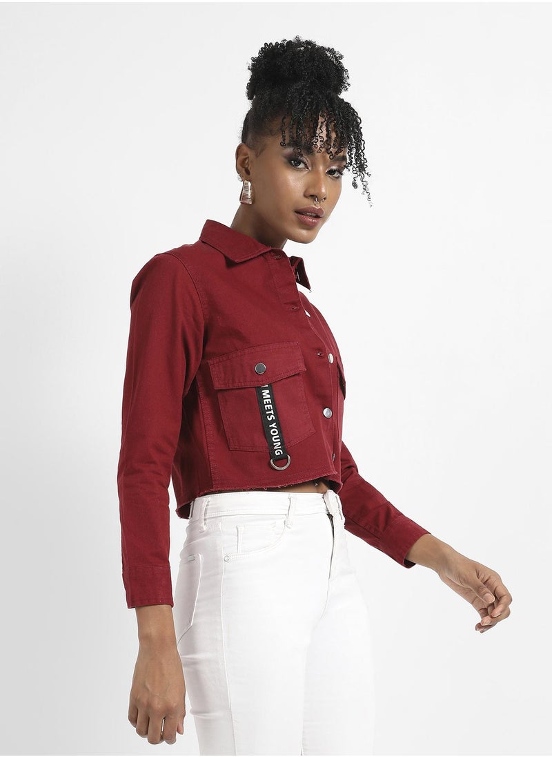 Women's Maroon Cropped Jacket With Flap Pocket