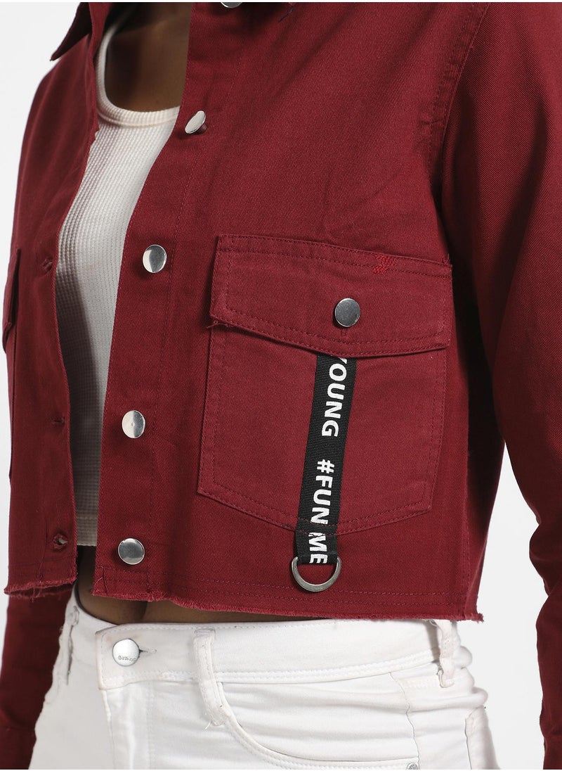 Women's Maroon Cropped Jacket With Flap Pocket