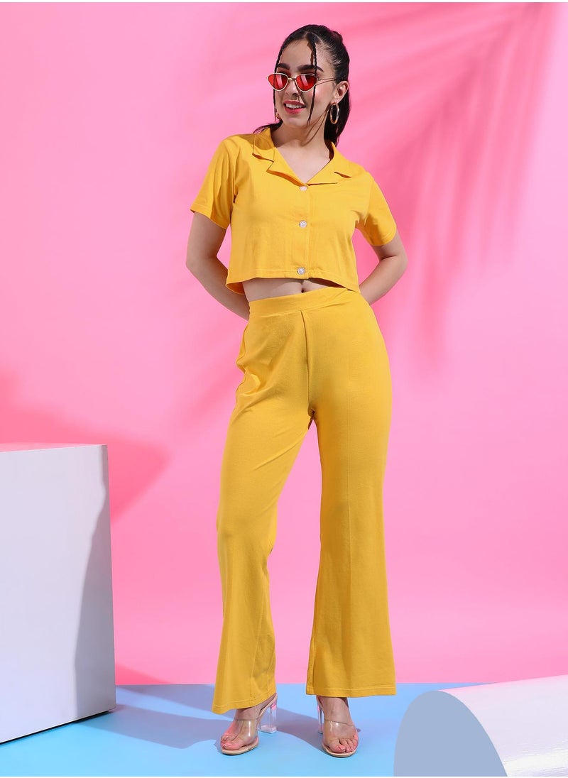 Campus Sutra Women's Solid Yellow Cropped Co-Ord Set