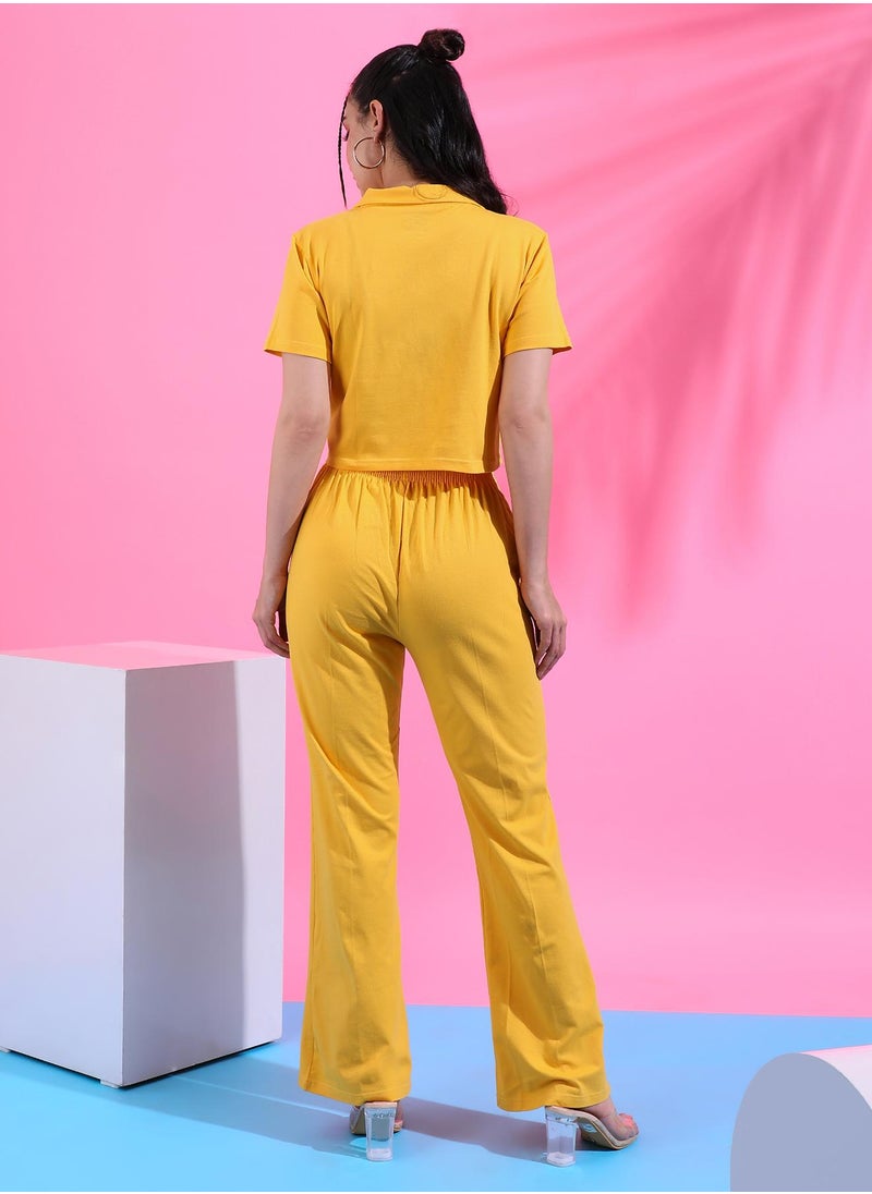 Campus Sutra Women's Solid Yellow Cropped Co-Ord Set