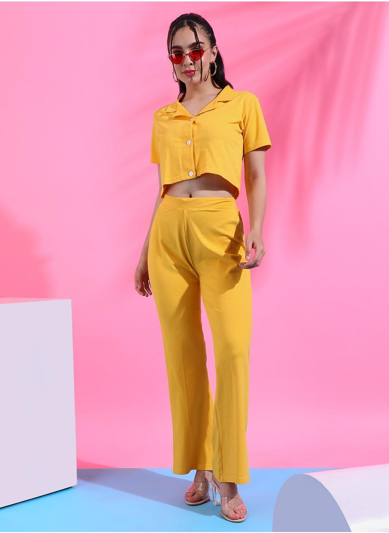 Campus Sutra Women's Solid Yellow Cropped Co-Ord Set