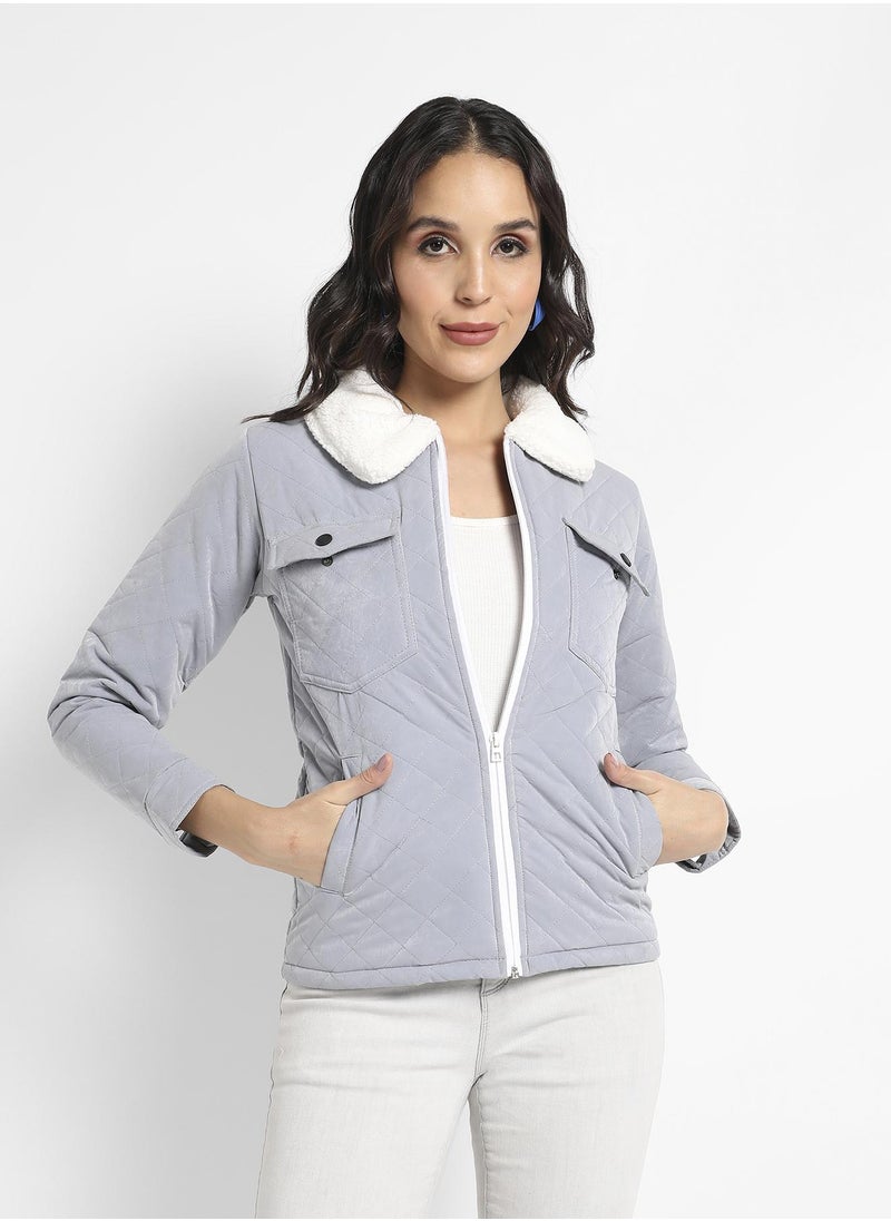 Women's Light Grey Quilted Flap Pocket Jacket With Fur Details