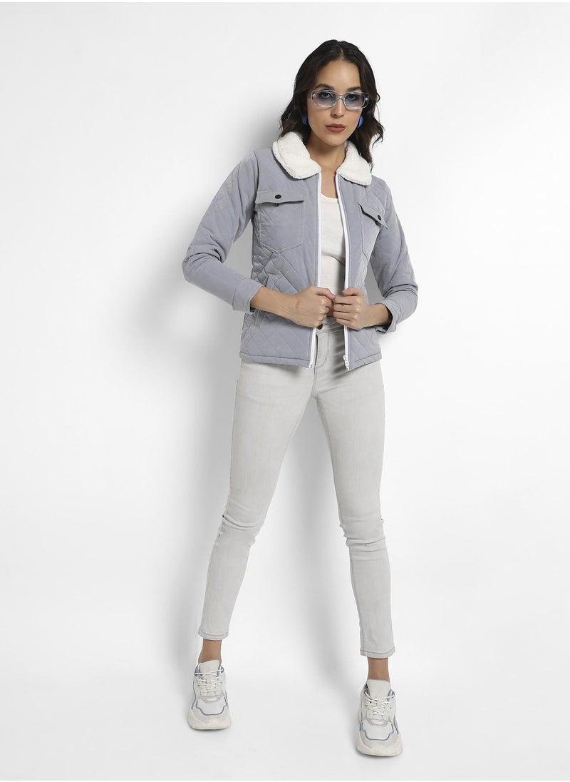 Women's Light Grey Quilted Flap Pocket Jacket With Fur Details