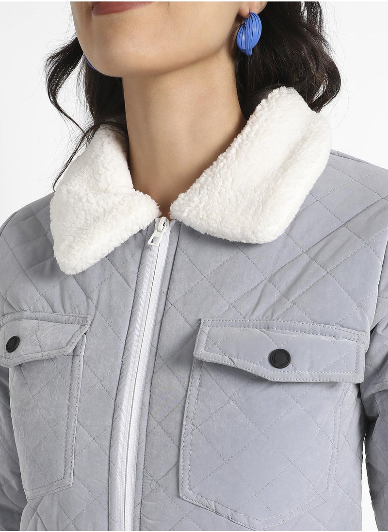 Women's Light Grey Quilted Flap Pocket Jacket With Fur Details