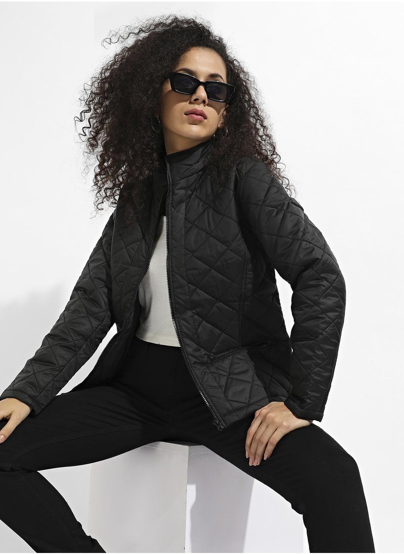 Women's Black Quilted Puffer Jacket With Zip Closure