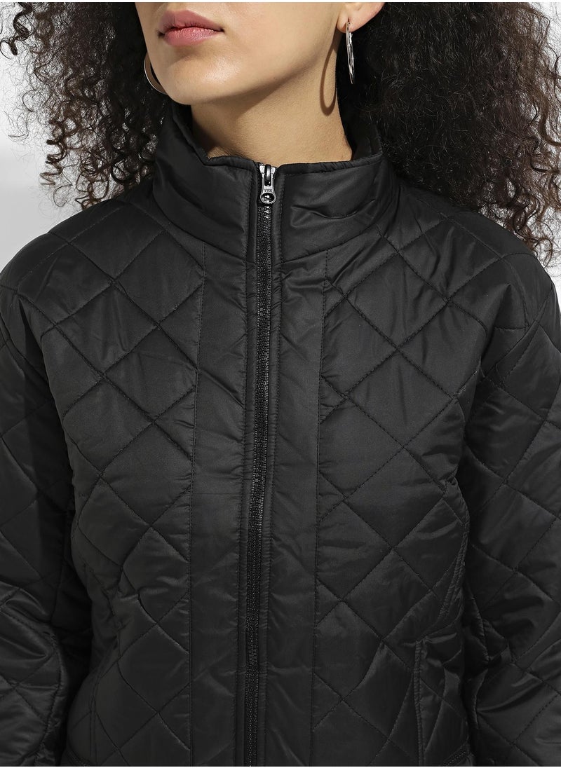 Women's Black Quilted Puffer Jacket With Zip Closure