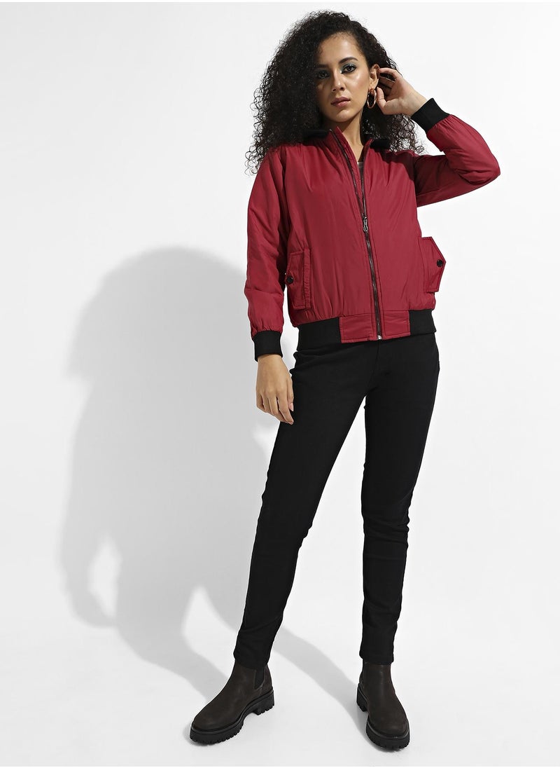 Women's Maroon Zip-Front Jacket With Contrast Hem