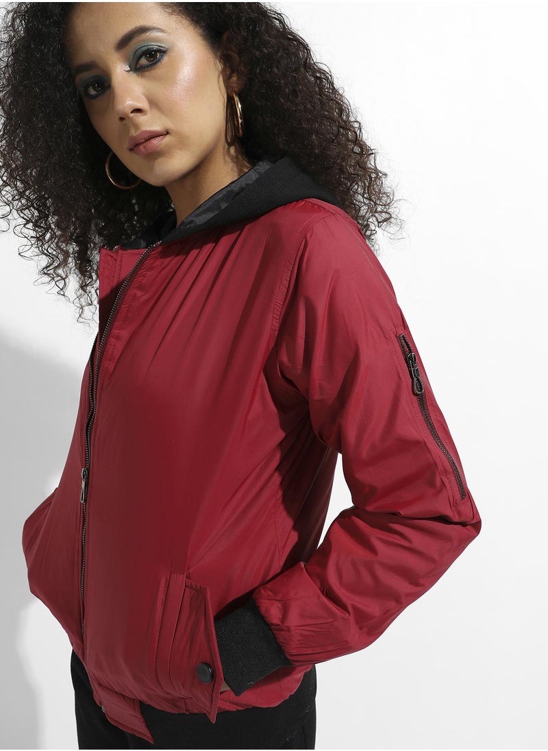 Women's Maroon Zip-Front Jacket With Contrast Hem