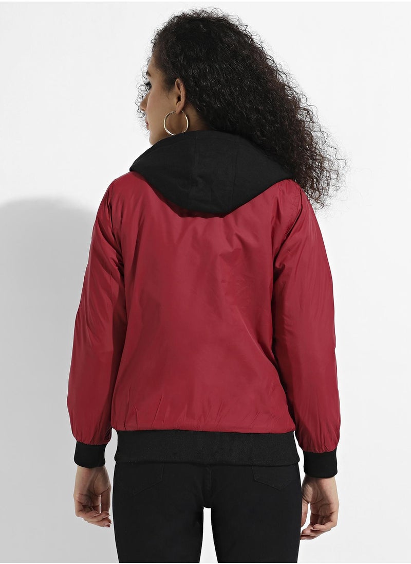 Women's Maroon Zip-Front Jacket With Contrast Hem