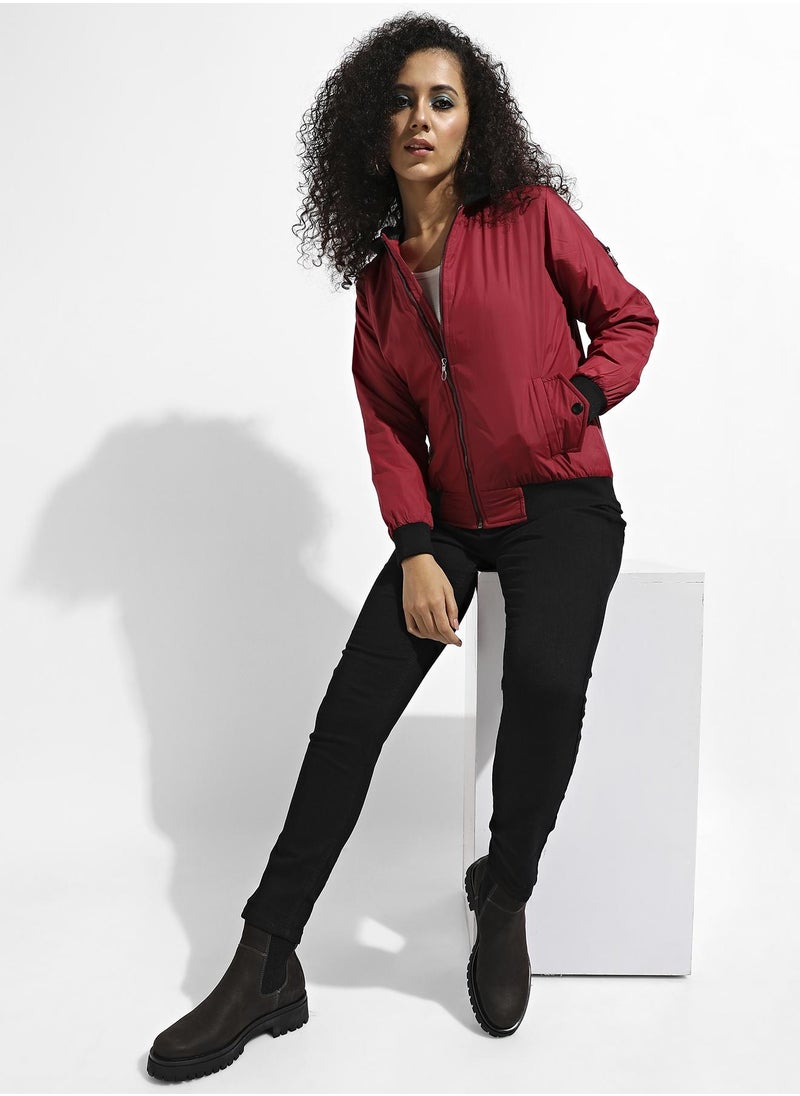 Women's Maroon Zip-Front Jacket With Contrast Hem