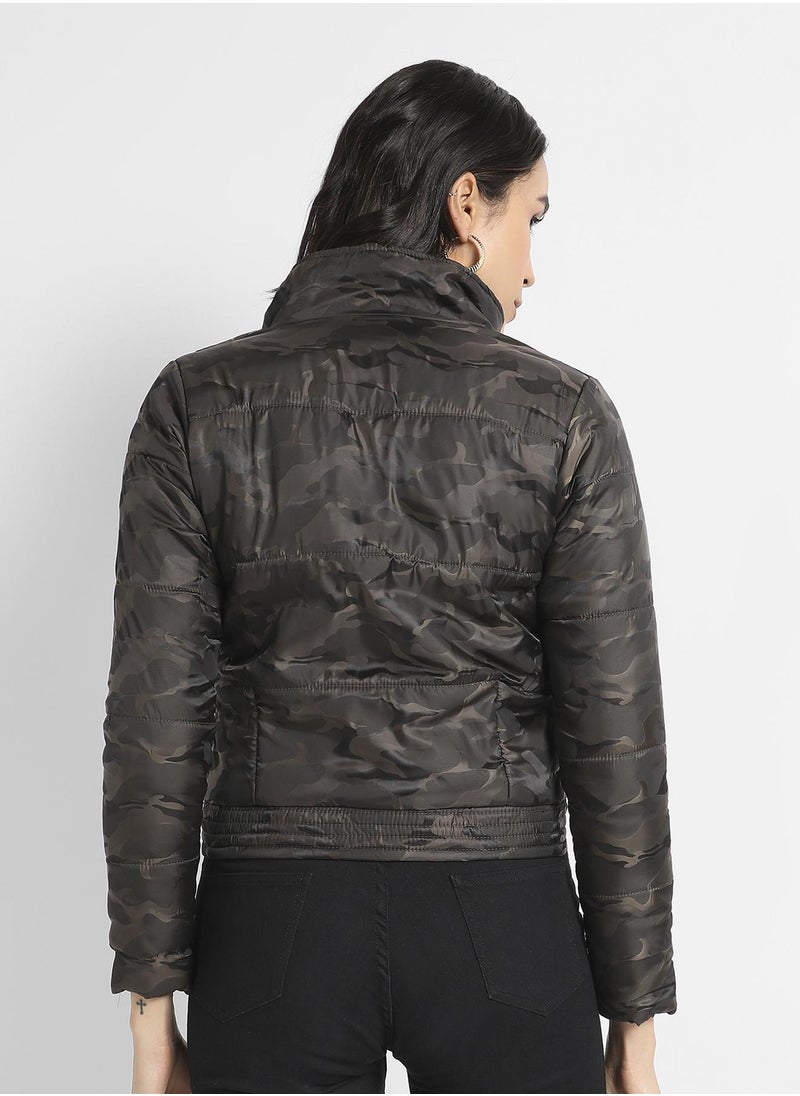 Women's Brown Camouflage Bomber Jacket With Flap Pockets