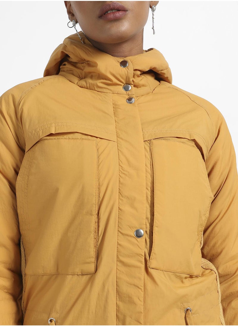 Women's Yellow Solid Puffer Jacket With Tie-Up Details