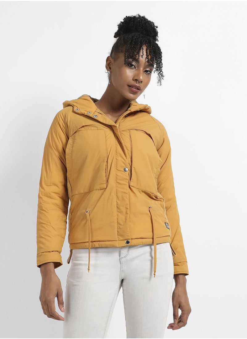 Women's Yellow Solid Puffer Jacket With Tie-Up Details