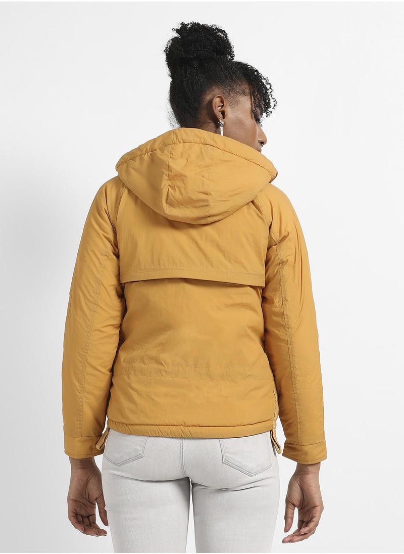 Women's Yellow Solid Puffer Jacket With Tie-Up Details