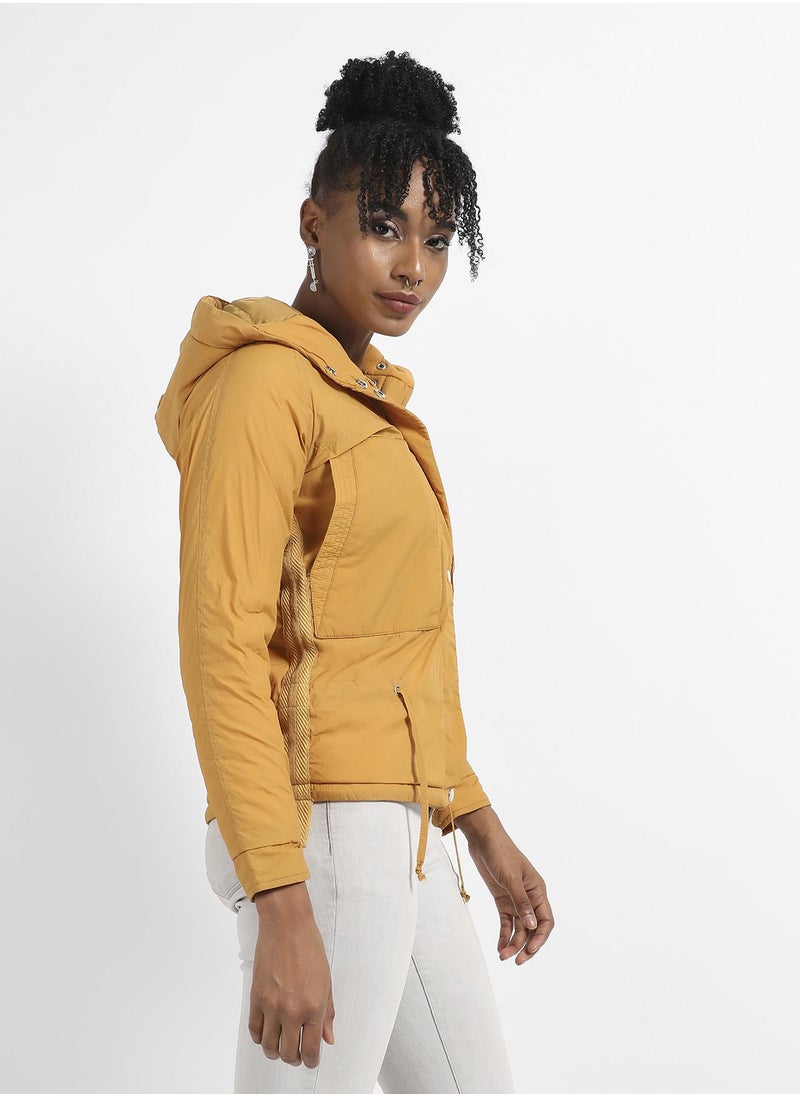 Women's Yellow Solid Puffer Jacket With Tie-Up Details