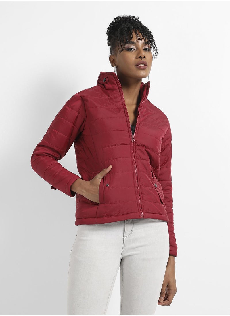 Women's Maroon Puffer Jacket With Flap Insert Pockets